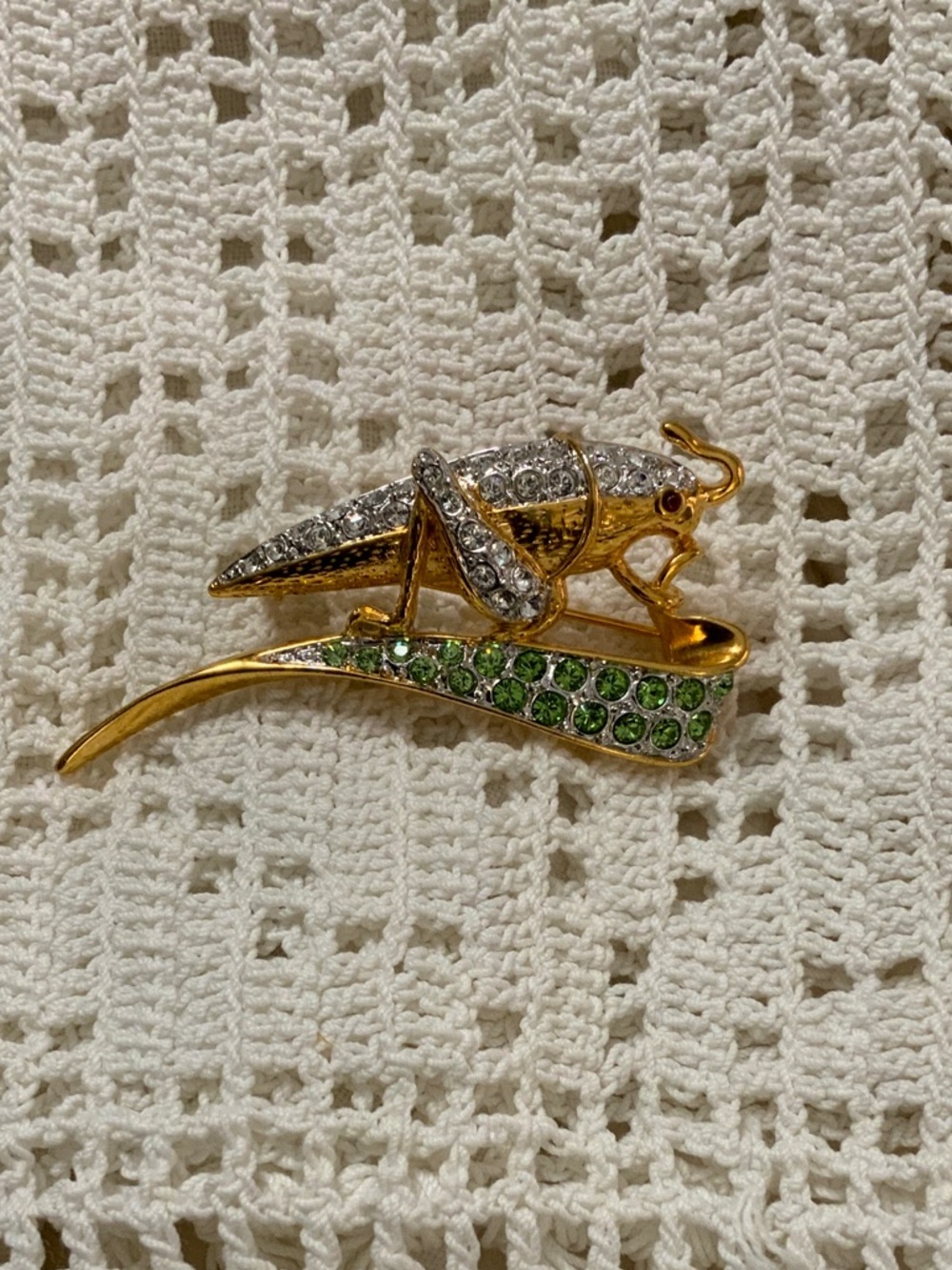 Gold-tone Rhinestone Grasshopper Brooch with Green Accent
